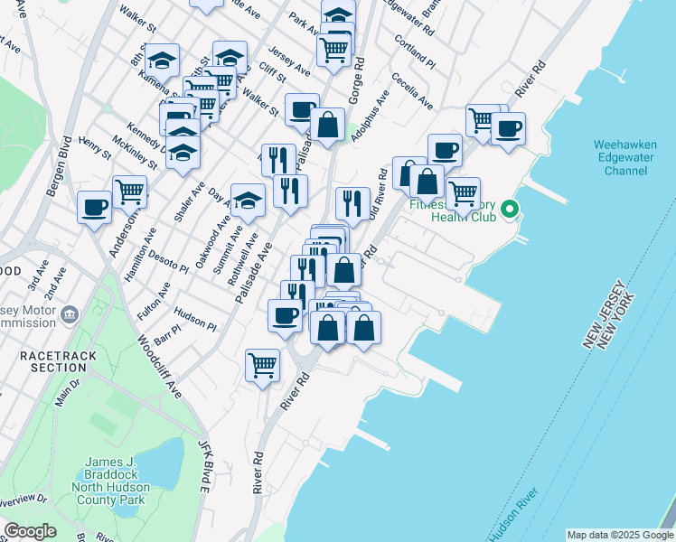 map of restaurants, bars, coffee shops, grocery stores, and more near 100 Thompson Lane in Edgewater