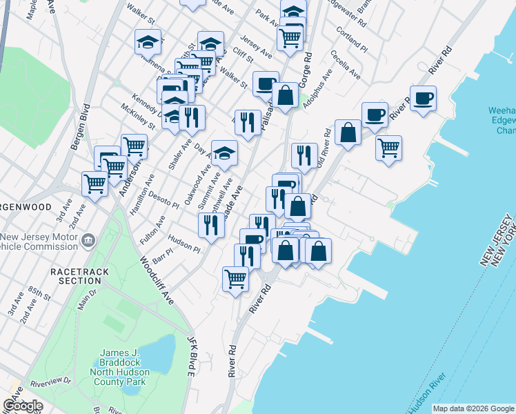 map of restaurants, bars, coffee shops, grocery stores, and more near 7 Laird Place in Cliffside Park
