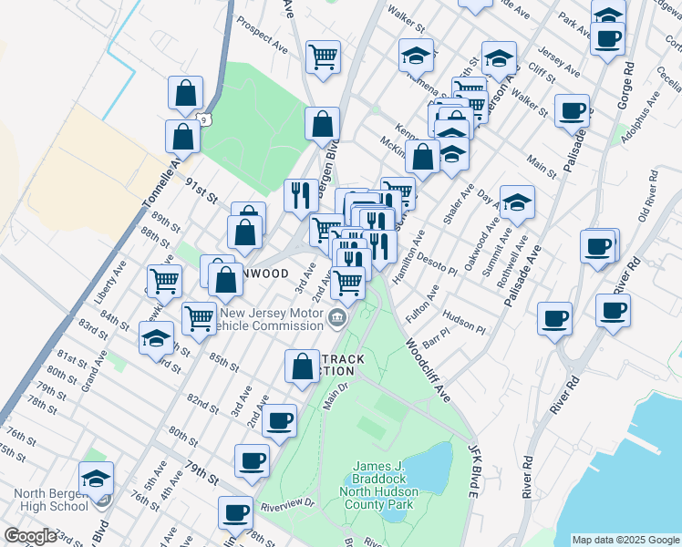 map of restaurants, bars, coffee shops, grocery stores, and more near 9245 John F. Kennedy Boulevard in North Bergen