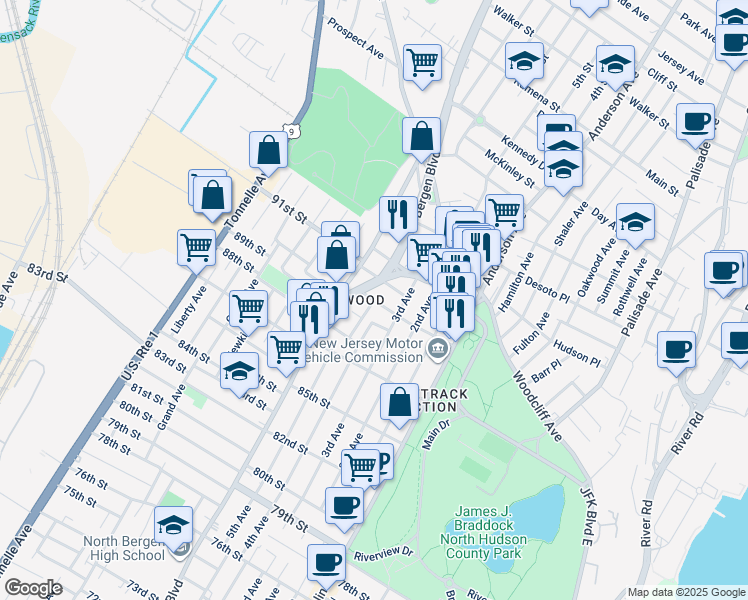 map of restaurants, bars, coffee shops, grocery stores, and more near 9023 John F. Kennedy Boulevard in North Bergen