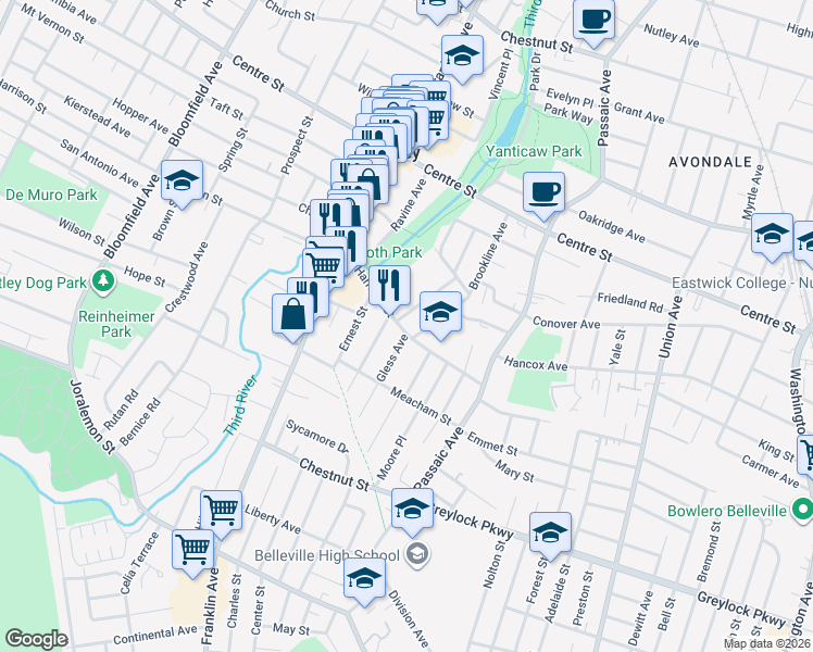 map of restaurants, bars, coffee shops, grocery stores, and more near 22 Evergreen Avenue in Nutley