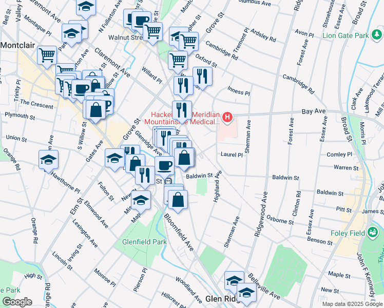 map of restaurants, bars, coffee shops, grocery stores, and more near 23 Sherman Street in Montclair