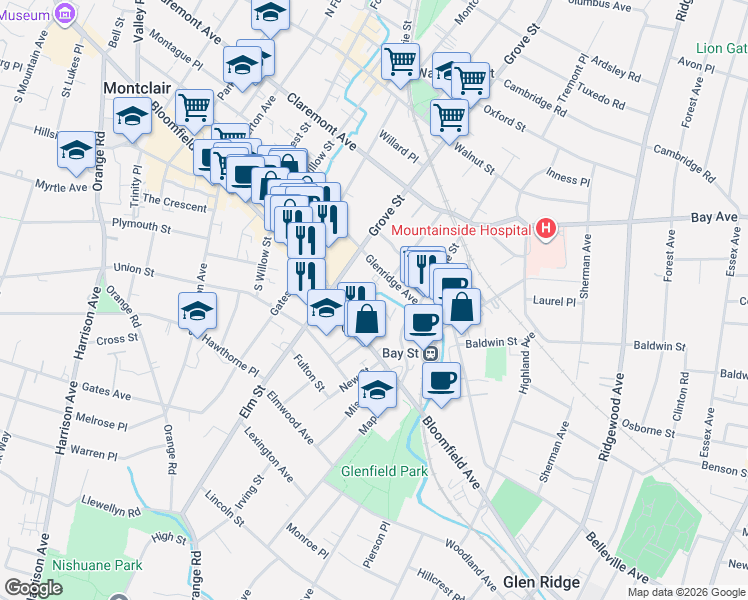 map of restaurants, bars, coffee shops, grocery stores, and more near 2 Cloverhill Place in Montclair