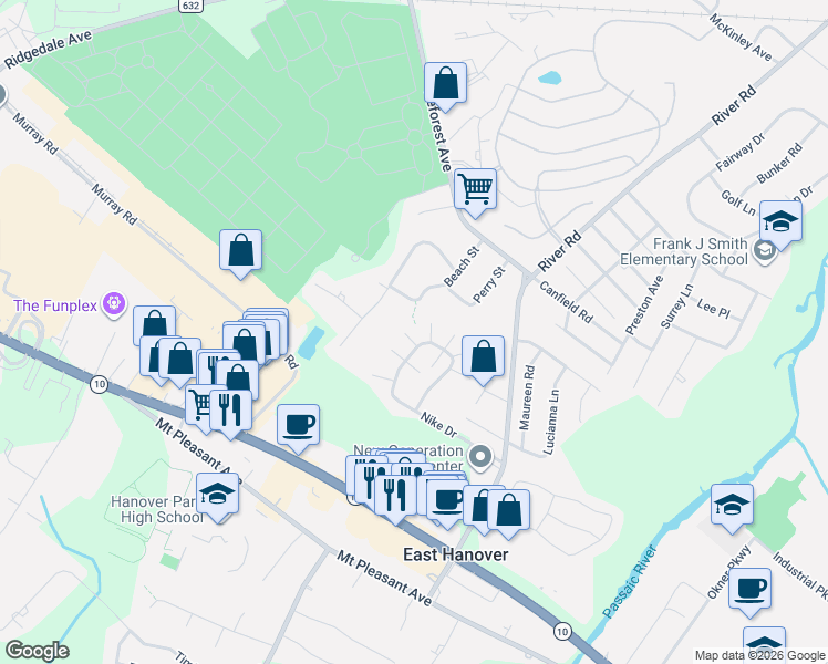 map of restaurants, bars, coffee shops, grocery stores, and more near 24 Rebecca Road in East Hanover