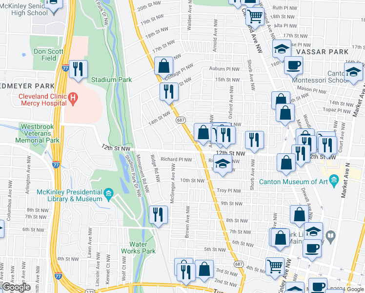 map of restaurants, bars, coffee shops, grocery stores, and more near 1228 McGregor Avenue Northwest in Canton