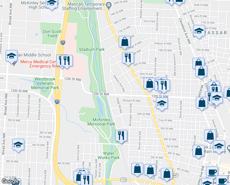 map of restaurants, bars, coffee shops, grocery stores, and more near 1227 Ridge Road Northwest in Canton