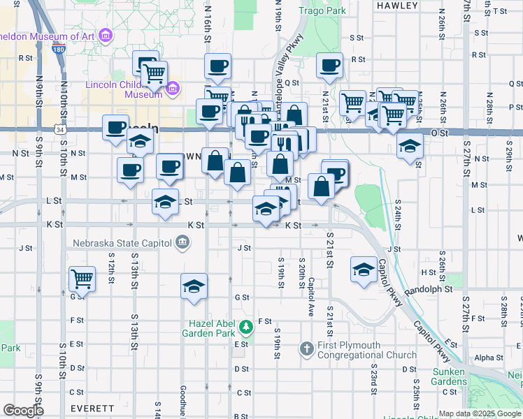 map of restaurants, bars, coffee shops, grocery stores, and more near 1830 L Street in Lincoln