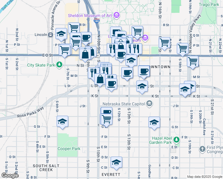 map of restaurants, bars, coffee shops, grocery stores, and more near 1128 L Street in Lincoln