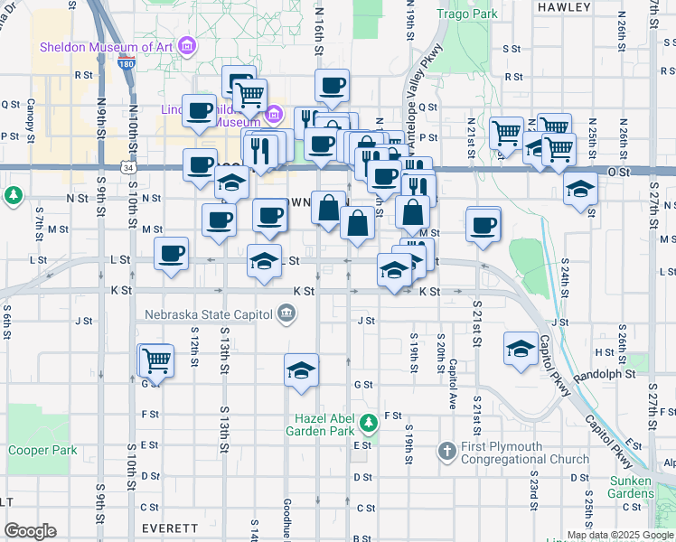map of restaurants, bars, coffee shops, grocery stores, and more near 1635 L Street in Lincoln