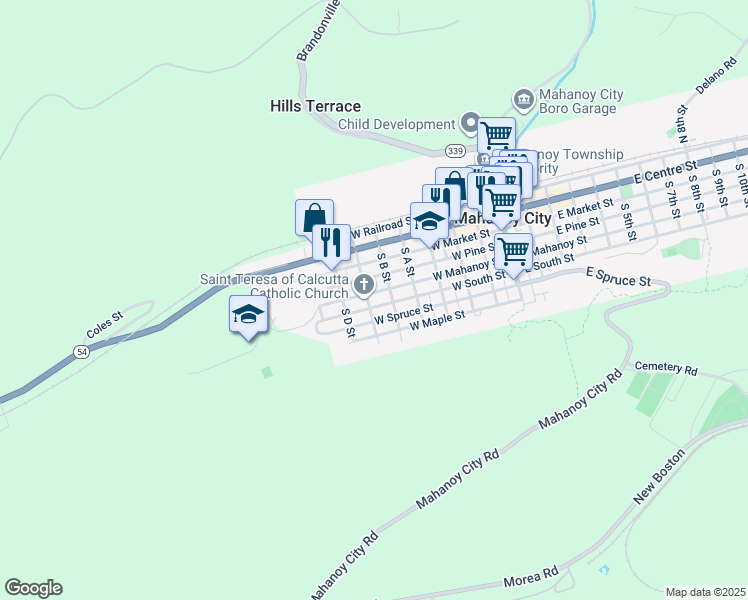 map of restaurants, bars, coffee shops, grocery stores, and more near 528 West Mahanoy Street in Mahanoy City