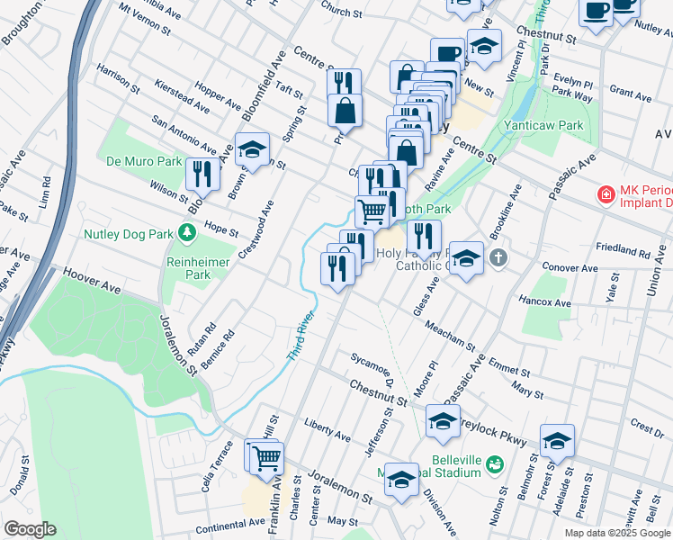 map of restaurants, bars, coffee shops, grocery stores, and more near 9 Homer Avenue in Nutley