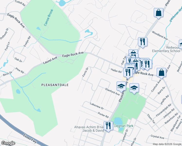 map of restaurants, bars, coffee shops, grocery stores, and more near 20 Ferris Drive in West Orange