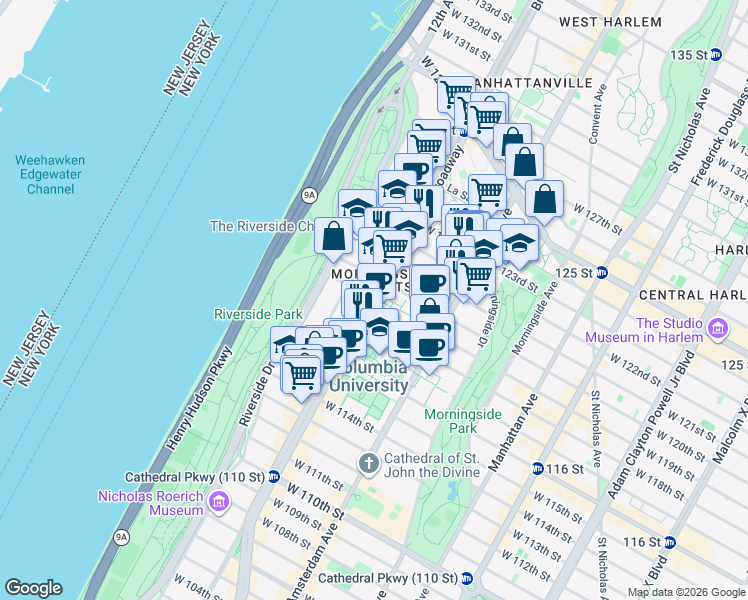 map of restaurants, bars, coffee shops, grocery stores, and more near Broadway in New York