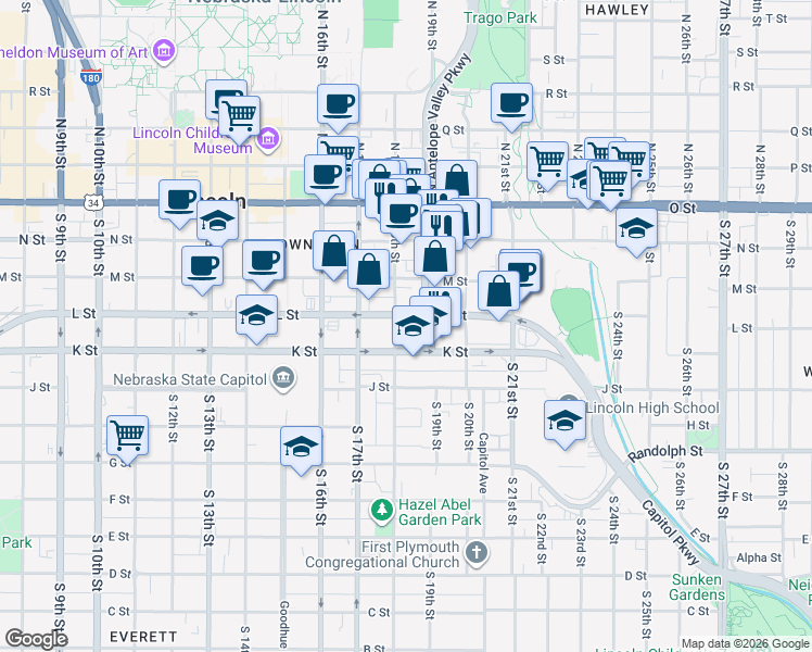 map of restaurants, bars, coffee shops, grocery stores, and more near 1830 L Street in Lincoln