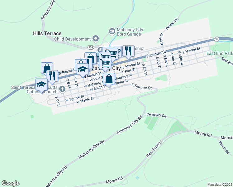 map of restaurants, bars, coffee shops, grocery stores, and more near 24 East Maple Street in Mahanoy City