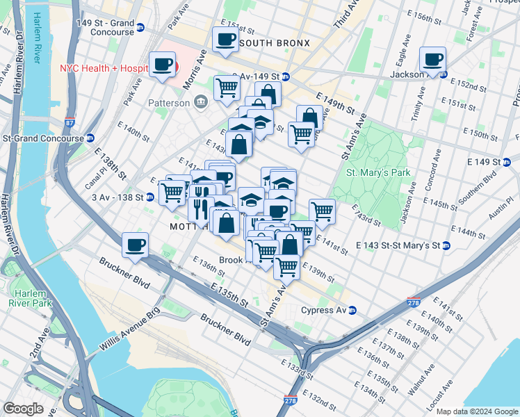 map of restaurants, bars, coffee shops, grocery stores, and more near 437 East 141st Street in Bronx
