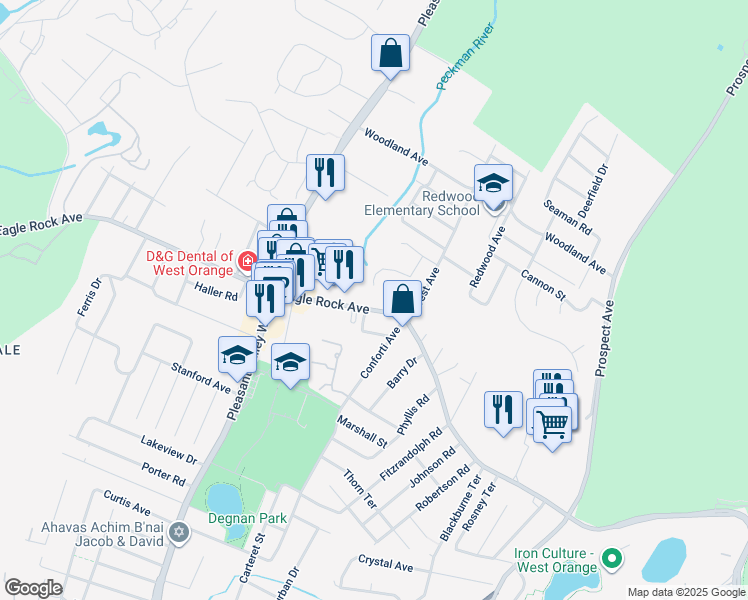 map of restaurants, bars, coffee shops, grocery stores, and more near 609 Eagle Rock Avenue in West Orange