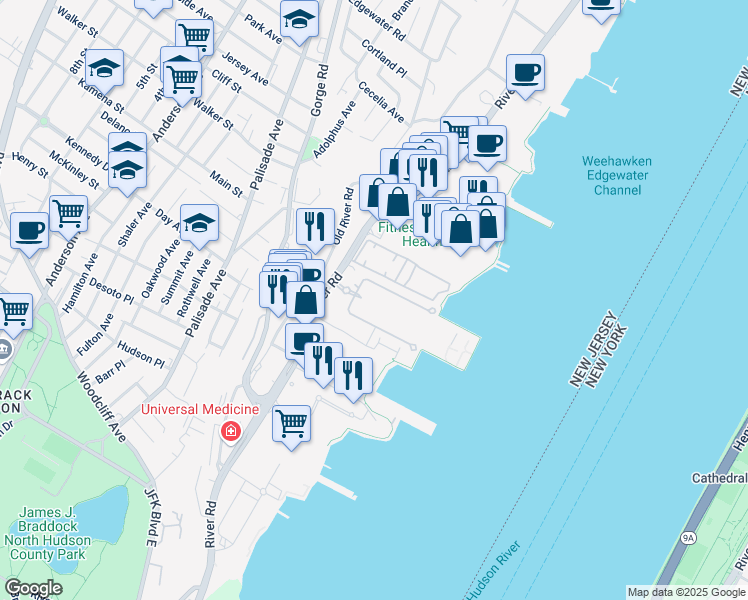 map of restaurants, bars, coffee shops, grocery stores, and more near in Edgewater