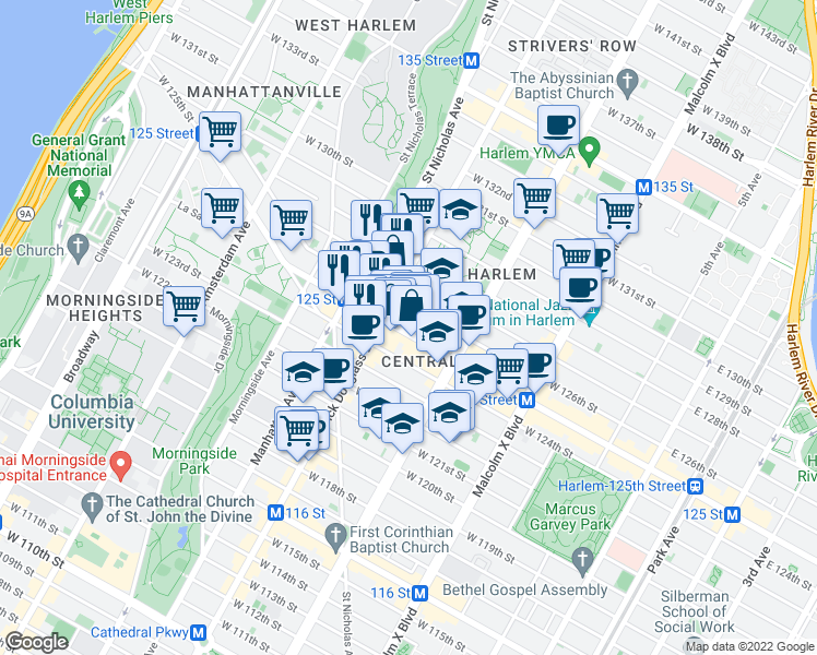 map of restaurants, bars, coffee shops, grocery stores, and more near West 125 South in New York