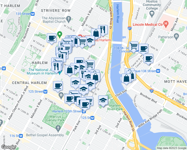 map of restaurants, bars, coffee shops, grocery stores, and more near 2123 Madison Avenue in New York