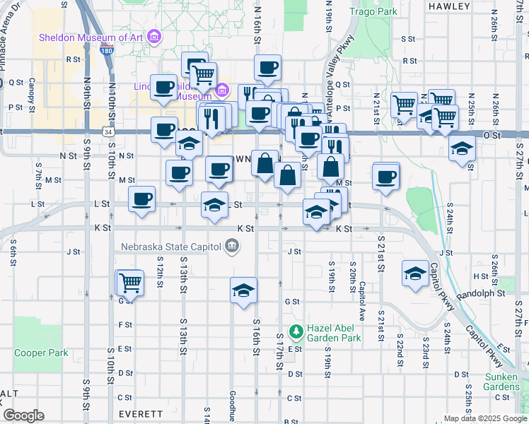 map of restaurants, bars, coffee shops, grocery stores, and more near 1635 L Street in Lincoln