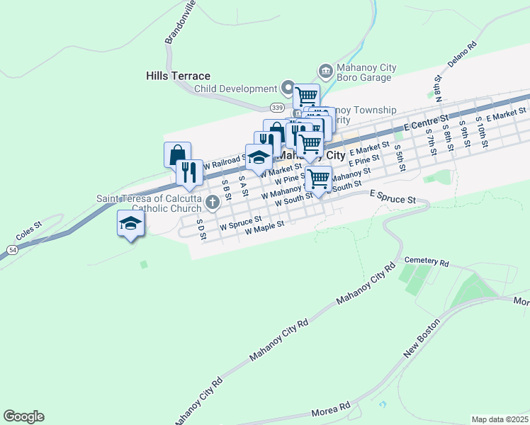 map of restaurants, bars, coffee shops, grocery stores, and more near 94 South Catawissa Street in Mahanoy City