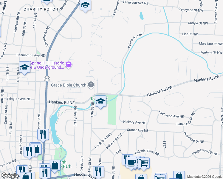 map of restaurants, bars, coffee shops, grocery stores, and more near 1147 Valerie Avenue Northeast in Massillon