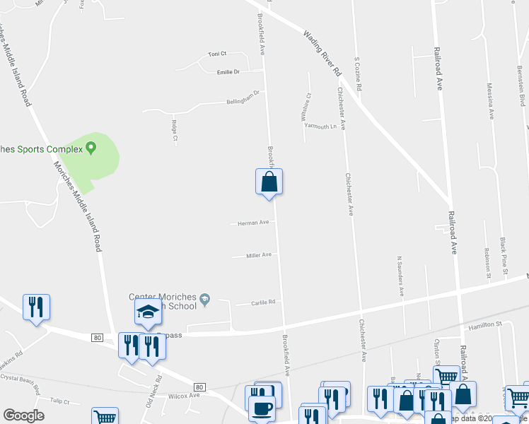 map of restaurants, bars, coffee shops, grocery stores, and more near 134 Brookfield Avenue in Center Moriches