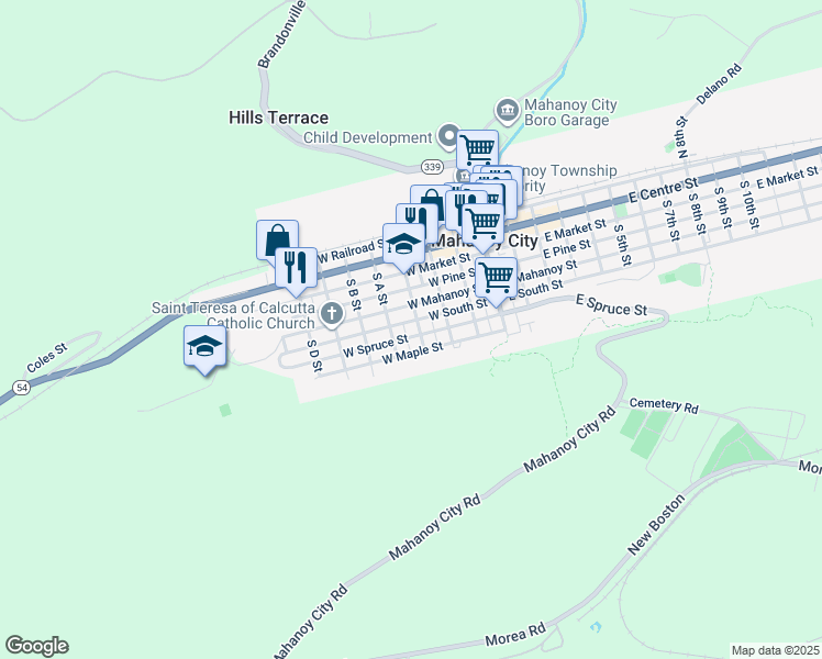 map of restaurants, bars, coffee shops, grocery stores, and more near 92 South Catawissa Street in Mahanoy City