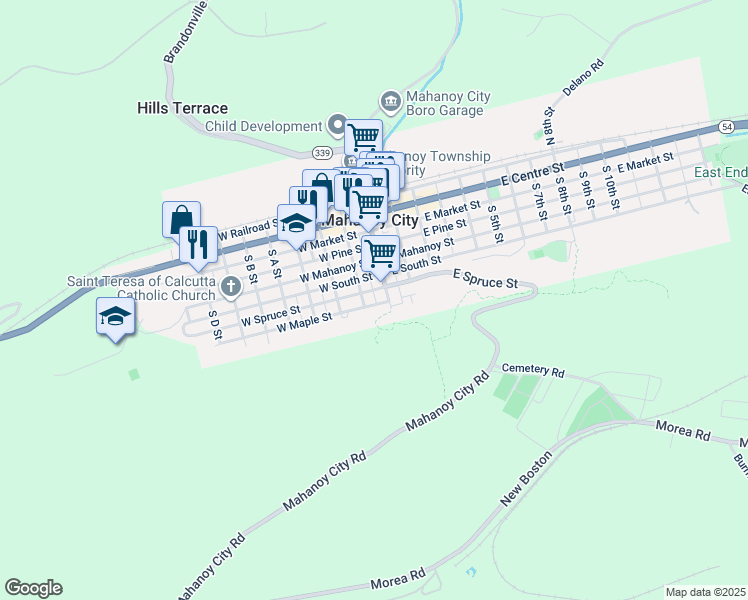 map of restaurants, bars, coffee shops, grocery stores, and more near 116 Harrison Street in Mahanoy City