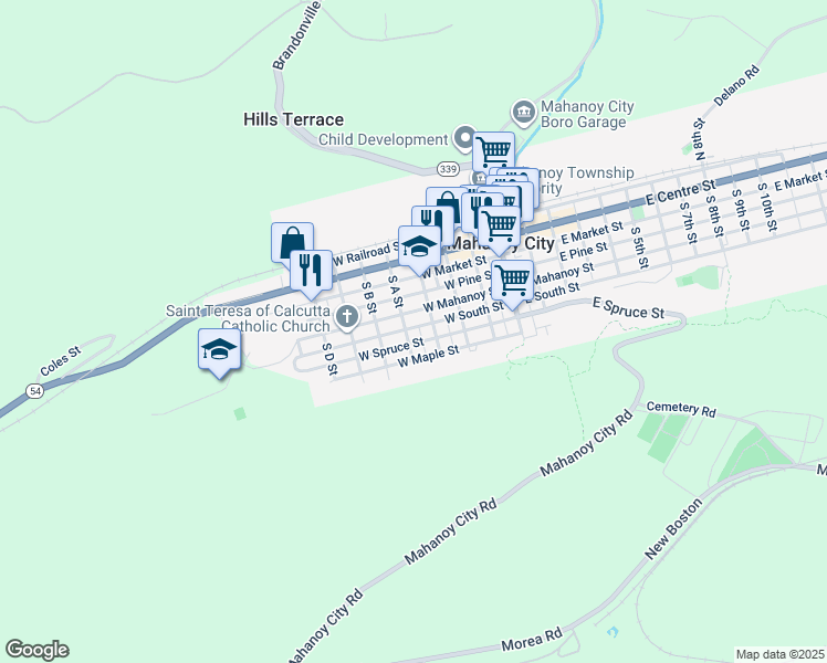 map of restaurants, bars, coffee shops, grocery stores, and more near 328 W South St in Mahanoy City