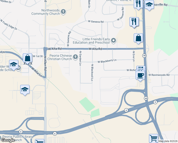 map of restaurants, bars, coffee shops, grocery stores, and more near 2018 West Blackberry Lane in Peoria
