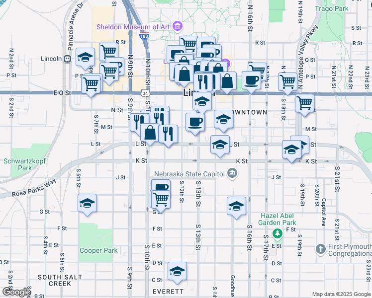 map of restaurants, bars, coffee shops, grocery stores, and more near 1201 L Street in Lincoln