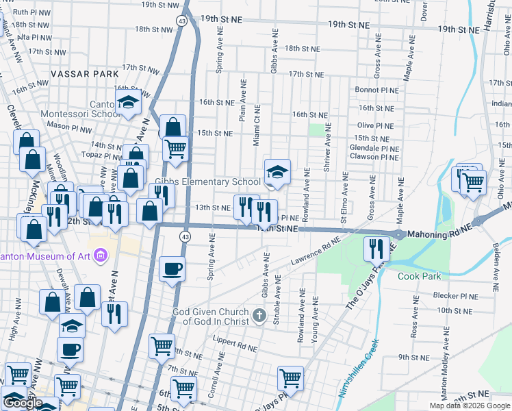 map of restaurants, bars, coffee shops, grocery stores, and more near 1018 Sherlock Place Northeast in Canton