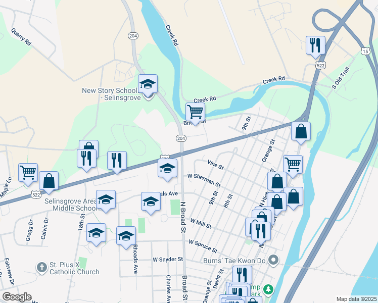 map of restaurants, bars, coffee shops, grocery stores, and more near 700 North Broad Street in Selinsgrove