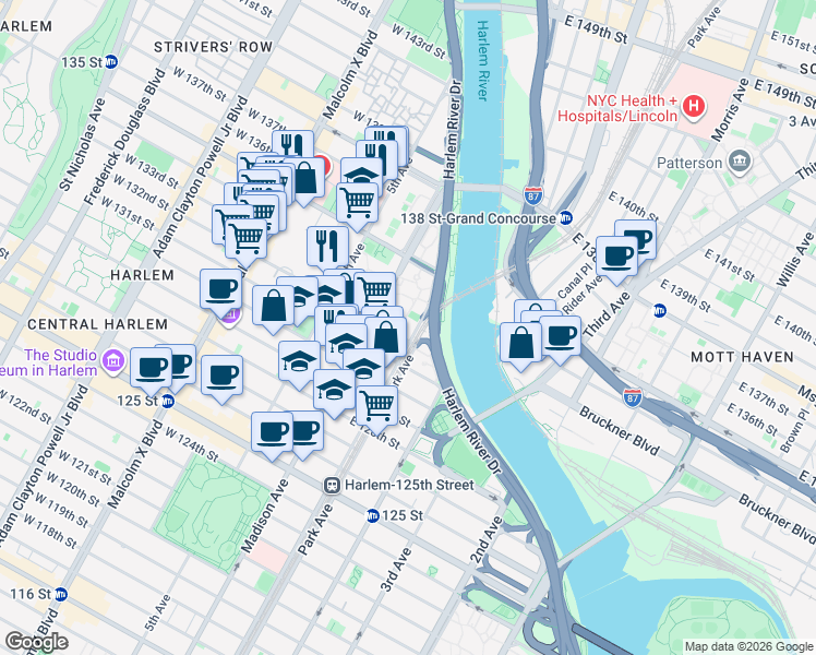map of restaurants, bars, coffee shops, grocery stores, and more near 1960 Park Avenue in New York