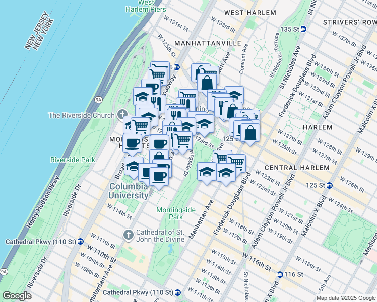 map of restaurants, bars, coffee shops, grocery stores, and more near 123 Morningside Drive in New York