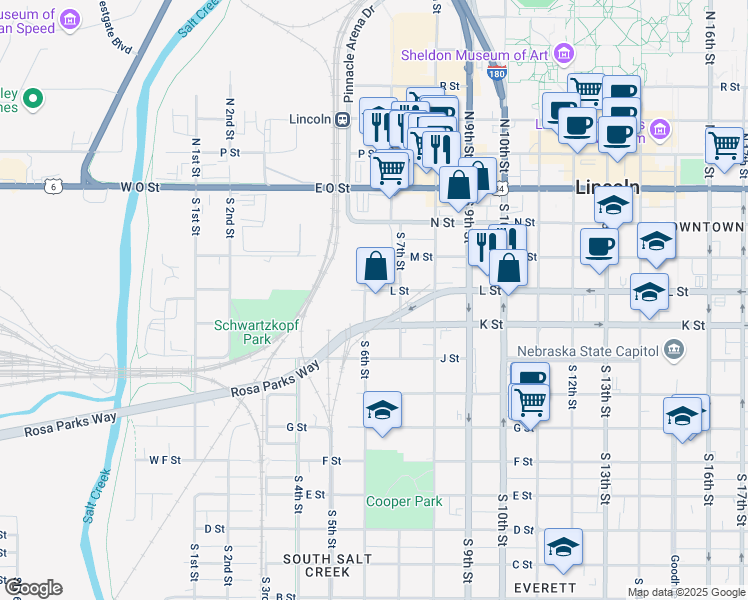map of restaurants, bars, coffee shops, grocery stores, and more near 600 L Street in Lincoln
