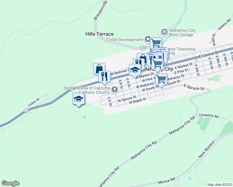 map of restaurants, bars, coffee shops, grocery stores, and more near 534 West Mahanoy Street in Mahanoy City