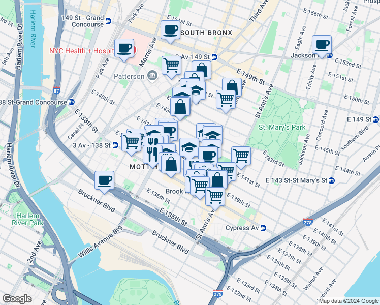 map of restaurants, bars, coffee shops, grocery stores, and more near 437 East 141st Street in Bronx