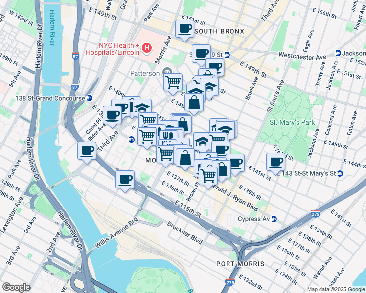 map of restaurants, bars, coffee shops, grocery stores, and more near in The Bronx