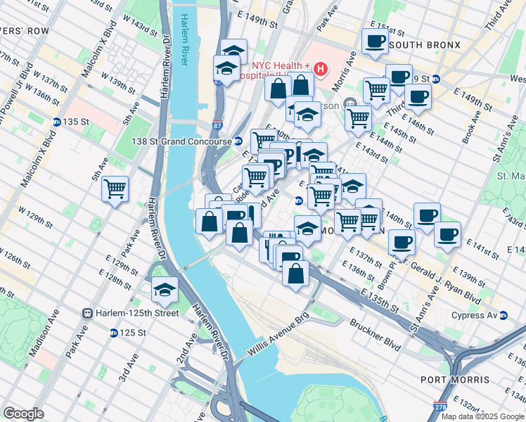 map of restaurants, bars, coffee shops, grocery stores, and more near 241 East 136th Street in The Bronx