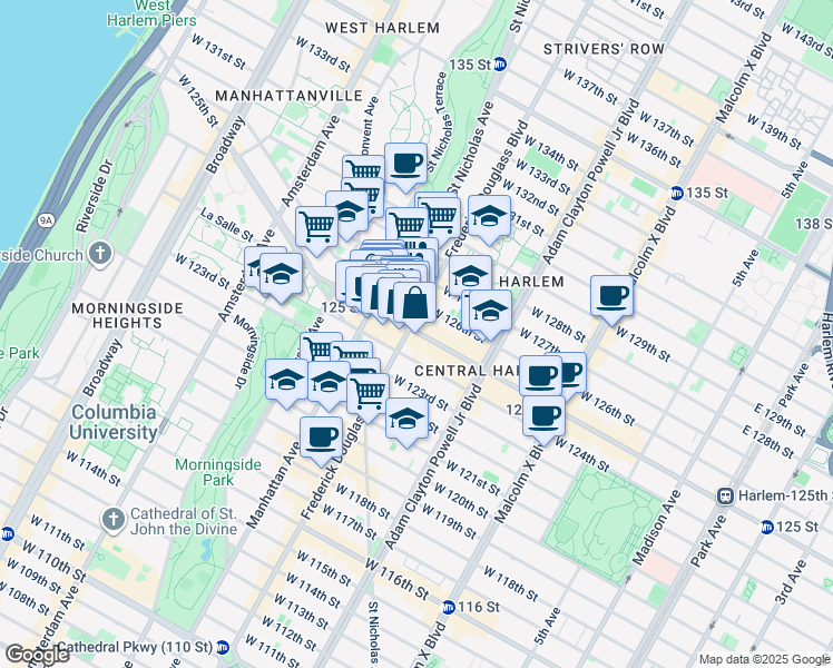map of restaurants, bars, coffee shops, grocery stores, and more near 309 West 125th Street in New York