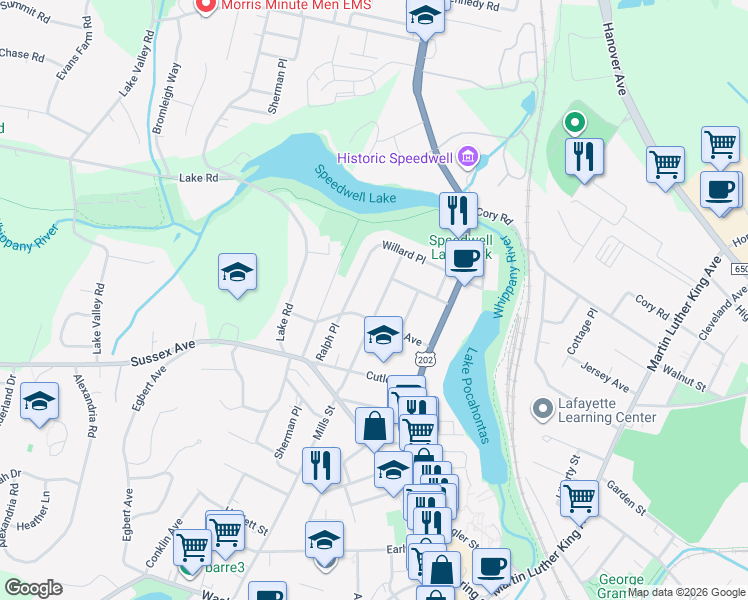 map of restaurants, bars, coffee shops, grocery stores, and more near 182 Mills Street in Morristown
