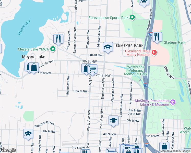 map of restaurants, bars, coffee shops, grocery stores, and more near 2915 12th Street Northwest in Canton