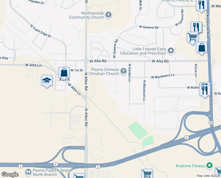 map of restaurants, bars, coffee shops, grocery stores, and more near 2222 West Chatsford Court in Peoria