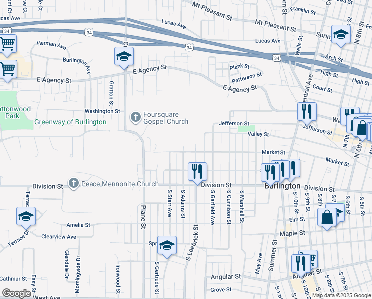 map of restaurants, bars, coffee shops, grocery stores, and more near 111 N Leebrick St in Burlington