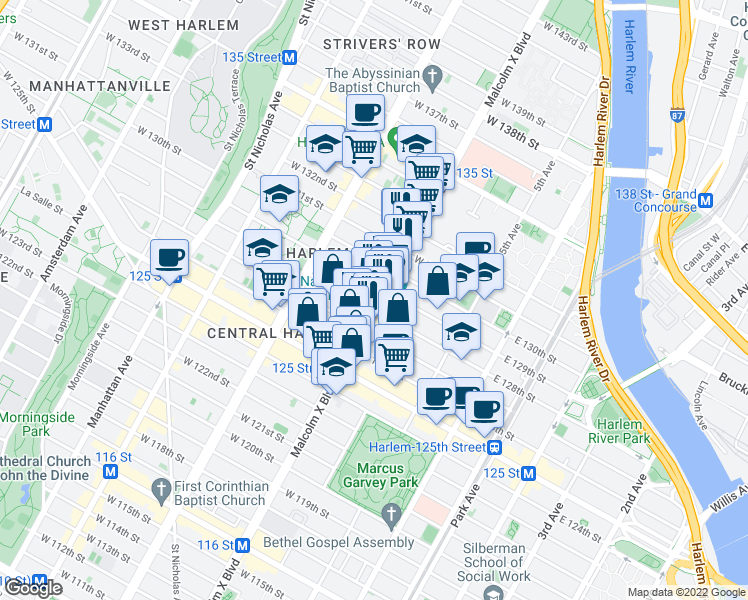 map of restaurants, bars, coffee shops, grocery stores, and more near 109 West 129th Street in New York