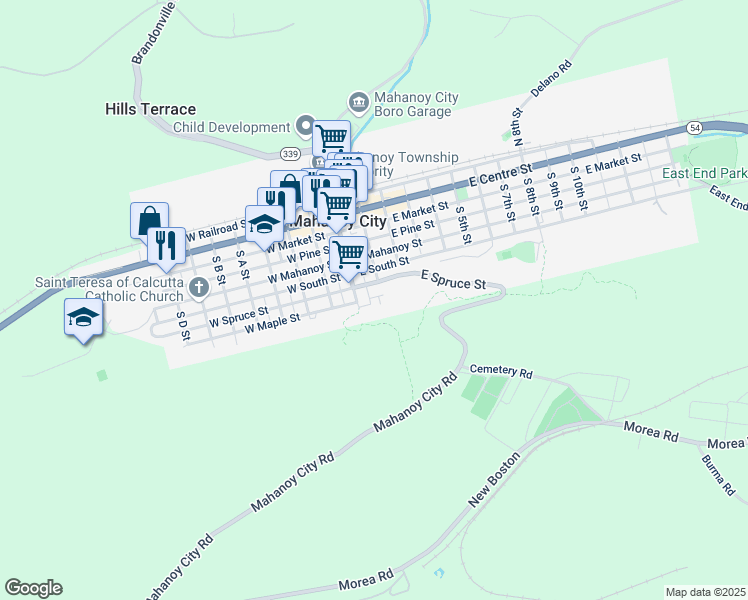 map of restaurants, bars, coffee shops, grocery stores, and more near 24 East Maple Street in Mahanoy City