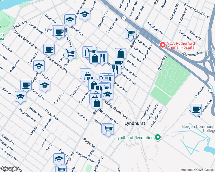 map of restaurants, bars, coffee shops, grocery stores, and more near 263 Ridge Road in Lyndhurst